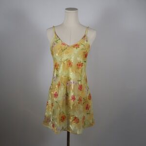 Yellow Floral Slip Dress Mini V Neck Cami Nightie S